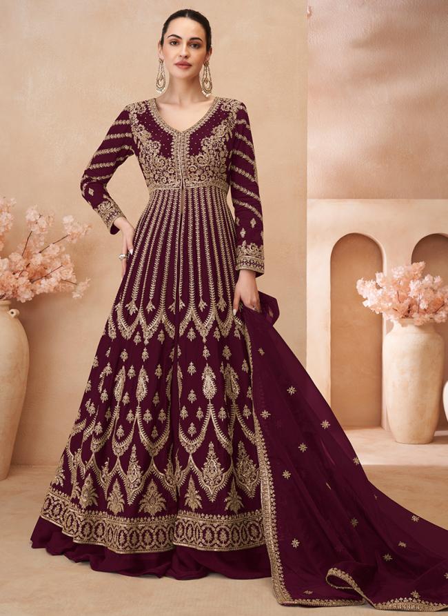 Chinnon Silk Maroon Bridal Wear Embroidery Work Readymade Anarkali Suit